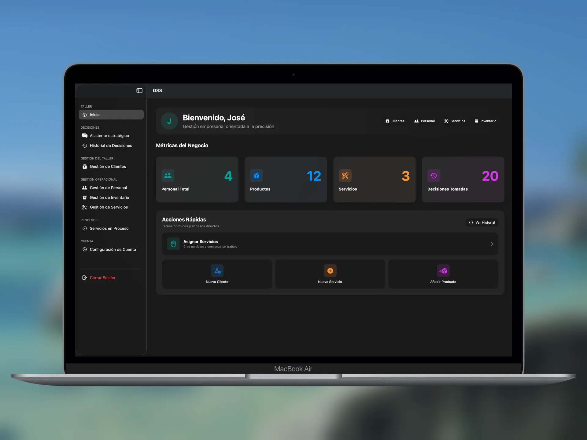 Captura de pantalla del proyecto DSS para taller mecánico